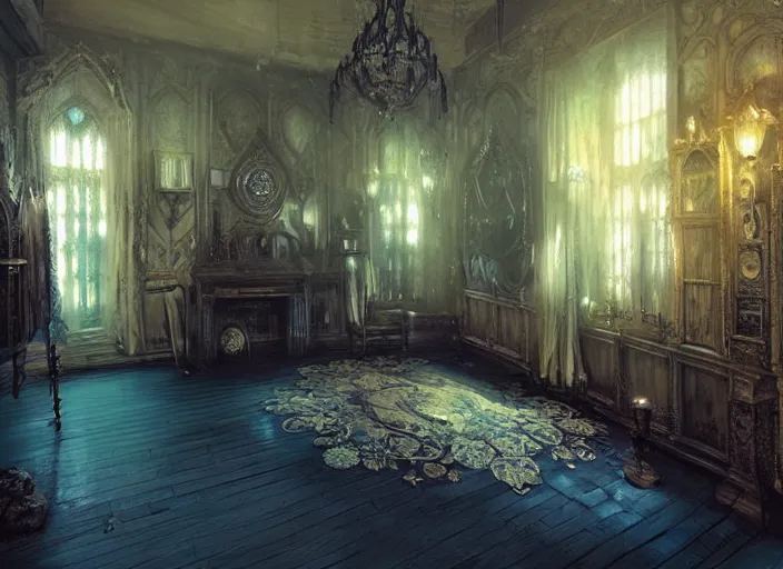 Image similar to gothic mansion room, wooden floor, elegant, digital artwork, paint, blue tones, detailed, by bastien lecouffe deharme, by jeremy mann, by alexander fedosav