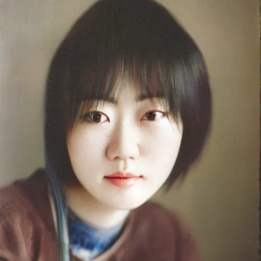 Image similar to photograph of a young Japanese woman with messy blue hair