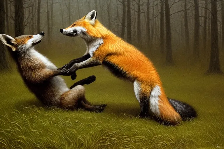 Image similar to photo, badger fights a fox, woodland location, stefan kostic and david cronenberg, realistic, sharp focus, 8 k high definition, intricate, chiaroscuro, elegant, perfect faces, symmetrical face, extremely detailed, hypnotic eyes, realistic, fantasy art, masterpiece zdzislaw beksinski, artgerm