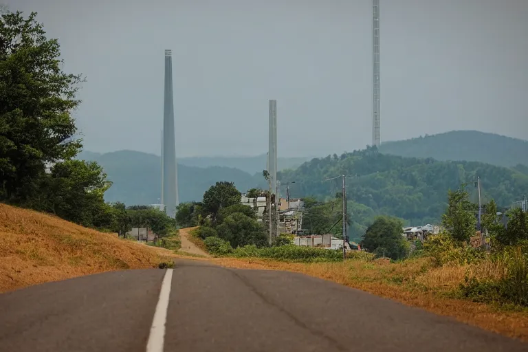 Image similar to looking down road, buildings on both sides. hills background with radio tower on top. telephoto lens compression.