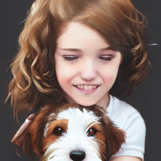 Prompt: a seven year old girl with short wavy curly light brown hair and blue eyes petting the head of a very cute wire haired jack russell terrier puppy, white with brown patches over both eyes. detailed, high quality painting by artgerm and greg rutkowski and ilya kuvshinov