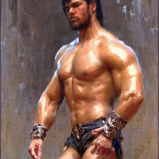 Image similar to Gladiator, muscular, asian, handsome, detailed face, correct face, painting by Gaston Bussiere, Craig Mullins