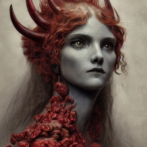 Image similar to a masterpiece! photographic portrait of a scarlet - colored beast with seven ( 7 ) heads and ten ( 1 0 ) horns by gustave dore and stephen hickman and allen williams, trending on artstation, cgsociety, 8 k hd, earthtone colors, a cloaked woman riding the back of the beast