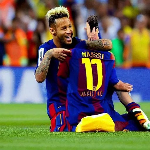 Image similar to neymar caressing messi's hair