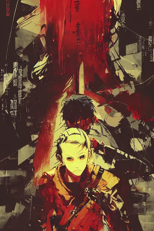 Prompt: professionally drawn seinen mature cyberpunk military horror action manga comic cover, full color, beautifully drawn coherent professional, drawn by ilya kuvshinov, ilya kuvshinov, satoshi kon, kentaro miura, dave mckean, tsutomu nihei. japanese script kanji hiragana on the cover. minimalist stylized cover art. yellow red cel shaded