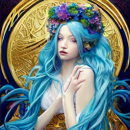 Image similar to breathtaking detailed painting by pilyeon and teffish on artstation, a full shot queen with long flowing bright blue hair, gauze dress and pastel flowers petals and golden tumultuous clouds, symmetrical facial features, at dawn in front of a pristine golden art nouveau cathedral, elegant, highly detailed, artstation, concept art, matte, sharp focus,