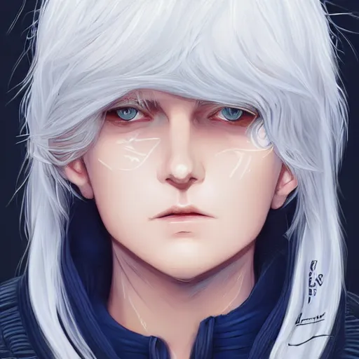 Image similar to cryomancer, flowing white hair, blue eyes, parka, androgynous, beautiful, detailed symmetrical close - up portrait, intricate complexity, in the style of artgerm and ilya kuvshinov, cel - shaded