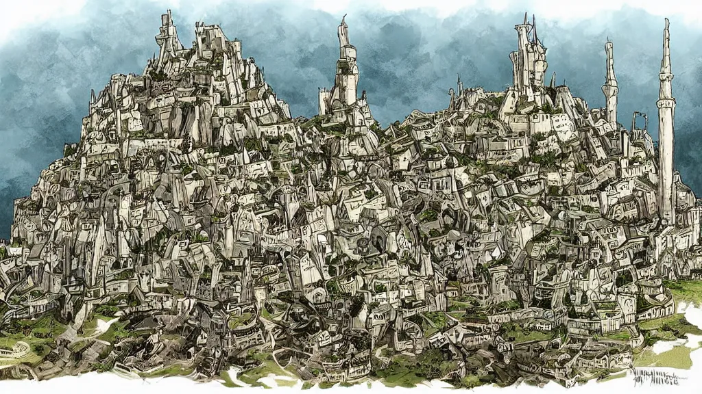 Prompt: a genndy tartakovsky illustration of minas tirith from lord of the rings