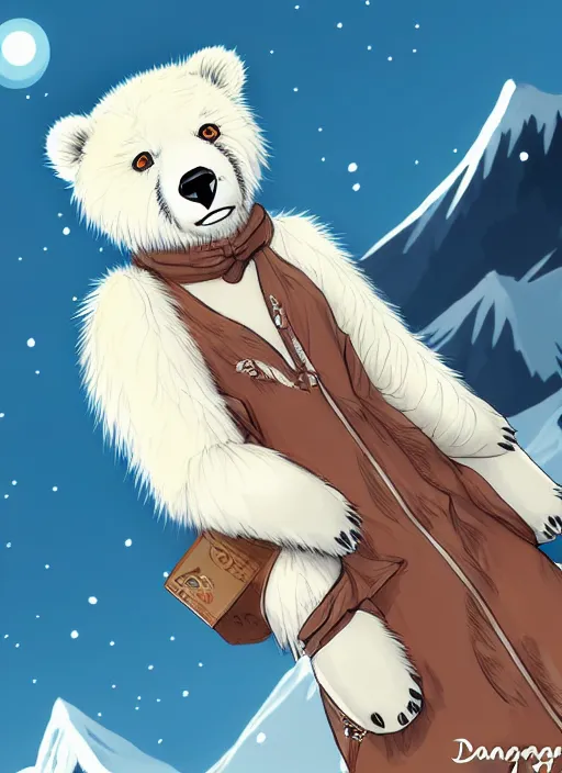 Prompt: award winning beautiful portrait commission art of a female male furry anthro polar bear fursona with a cute beautiful attractive detailed furry face wearing a summer dress at a mountain cabin. Kemono Character design by Dangan, Kishibe. detailed, inked, manga