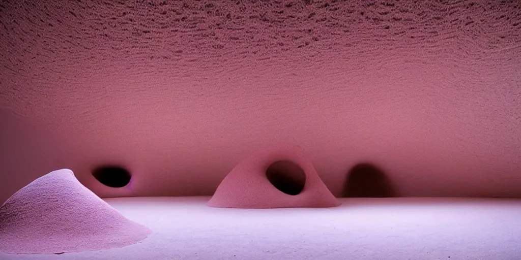 Image similar to soft biomorphic structures out of stocking - like material and nets that fills with various objects like spices, sand and shells by ernesto neto, dusty pink with light - mint color, film still from the movie directed by denis villeneuve with art direction by zdzisław beksinski, telephoto lens, shallow depth of field