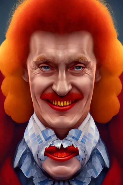 Image similar to vladimir putin as ronald mcdonald, 2 d portrait, symmetrical, highly detailed, digital painting, artstation, concept art, smooth, sharp focus, illustration, cinematic lighting, art by artgerm and greg rutkowski and alphonse mucha