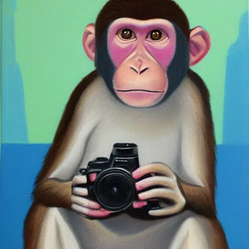 Image similar to Portrait of Monkey holding a camera, oil painting