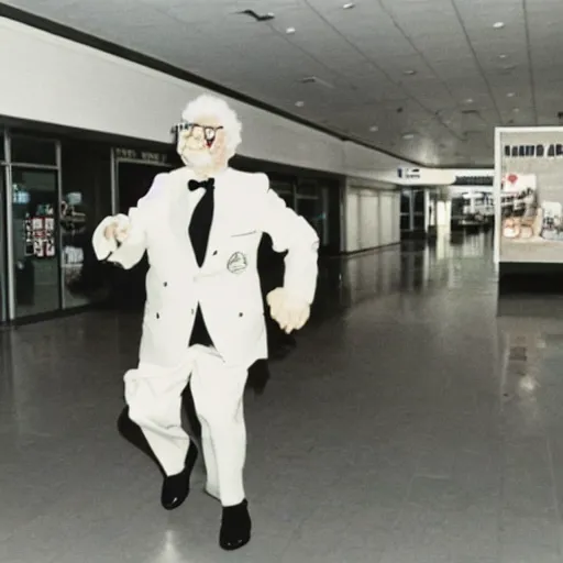 Prompt: A creepy photo of Colonel Sanders chasing you in an empty shopping mall from the 1980s, disposable film