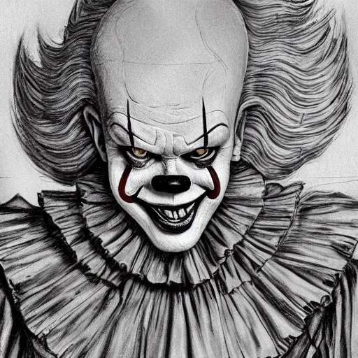 Prompt: pennywise at the witness stand in court. full body. court sketch. intricate. 8 k. highly professionally detailed. hdr. cgsociety