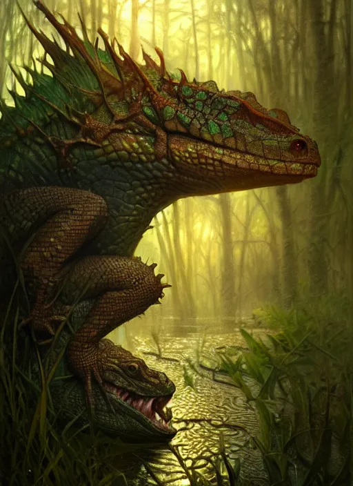 Prompt: Handsome werelizard, reptile skin, swamp landscape, fantasy magic, dark light night, intricate, elegant, sharp focus, illustration, highly detailed, digital painting, concept art, matte, art by WLOP and Artgerm and Greg Rutkowski and Alphonse Mucha, masterpiece