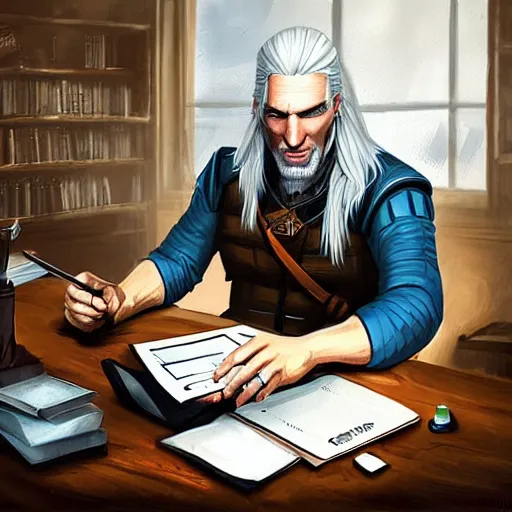 Prompt: Geralt working in an office, digital art, oil painiting