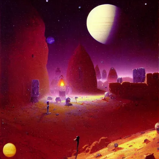 Prompt: a village on saturn by paul lehr,