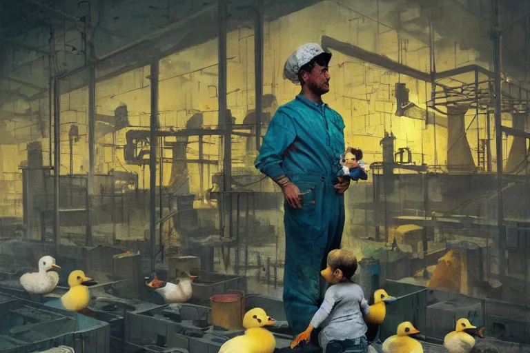 Image similar to A mixed media painting of a duck worker in front of a production line with babies on it, by Frank Frazetta, Greg Rutkowski, Beeple, post-processing, low angle, masterpiece, cinematic, isometric, volumetric lighting