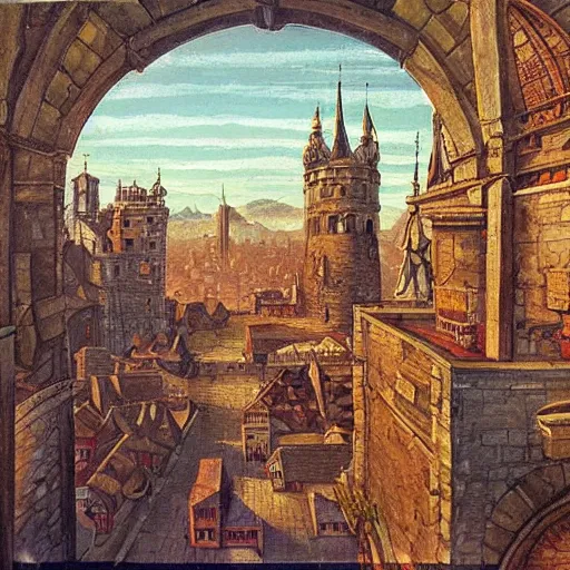 Prompt: high fantasy art of a medieval cityscape, bird\'s eye view, painting, extra-detailed, dawn lighting