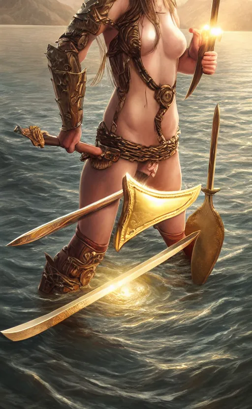 Image similar to lake godness holding gold axe and sliver axe, highly detailed, d & d, water everwhere fantasy, highly detailed, digital painting, trending on artstation, concept art, sharp focus, global illumination, ray tracing, illustration, art by artgerm and greg rutkowski and fuji choko and viktoria gavrilenko and hoang lap