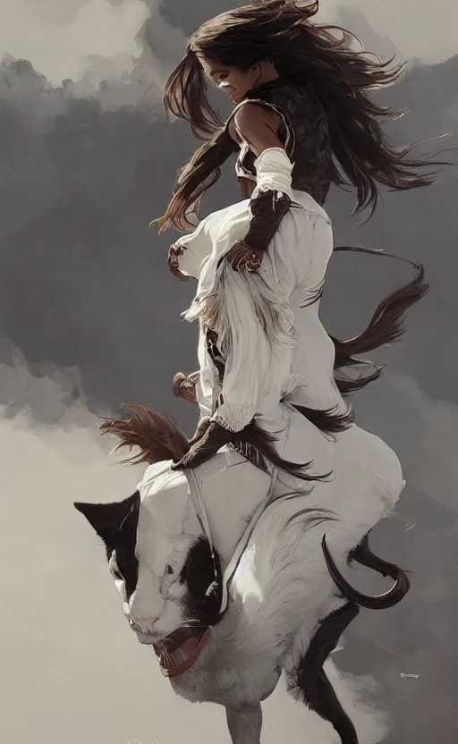 Image similar to an indian girl riding a large black and white cat, highly detailed, digital painting, artstation, concept art, sharp focus, illustration, art by greg rutkowski and alphonse mucha
