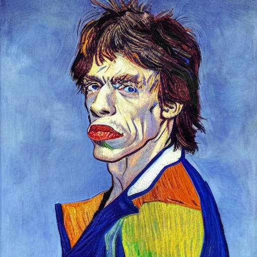 Image similar to an artistic portrait of mick jagger, smiling, high quality, studio photography, colorful, hero, heroic, beautiful, in the style of vincent van gogh