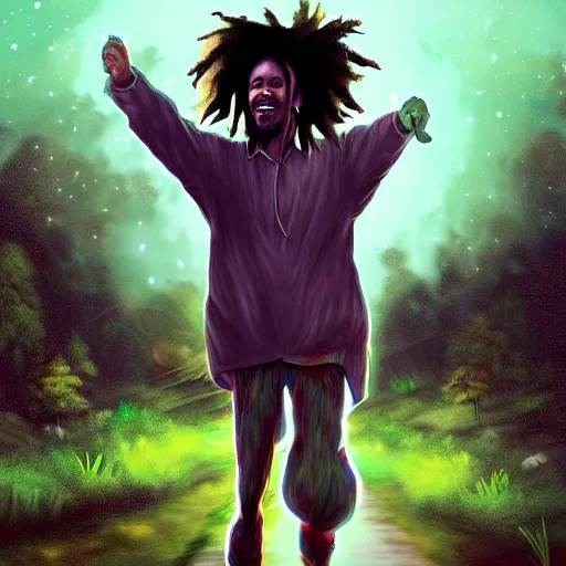 Image similar to bob marley walking though an infinite weed farm digital art, artstation, ultra detailed, beautiful aesthetic art