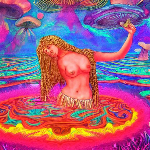 Image similar to goddess of mushrooms bathing in the glowing lake, fantasy painting, extremely psychedelic