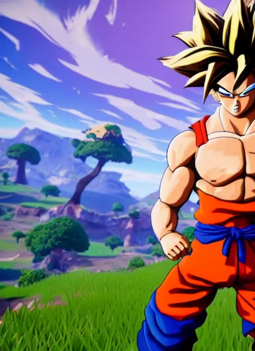 Image similar to game still of a sayan goku as a fortnite skin in fortnite by fortnite, pose.