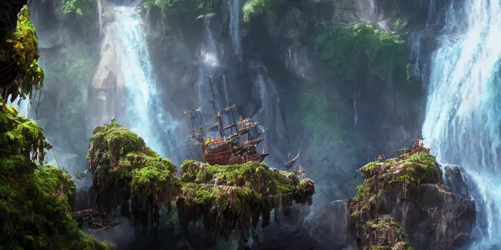 Image similar to a film still of a hidden pirate ship in a waterfall cave from goonies, medium shot, waist up, studio ghibli, pixar and disney animation, sharp, rendered in unreal engine 5, anime key art by greg rutkowski, bloom, dramatic lighting