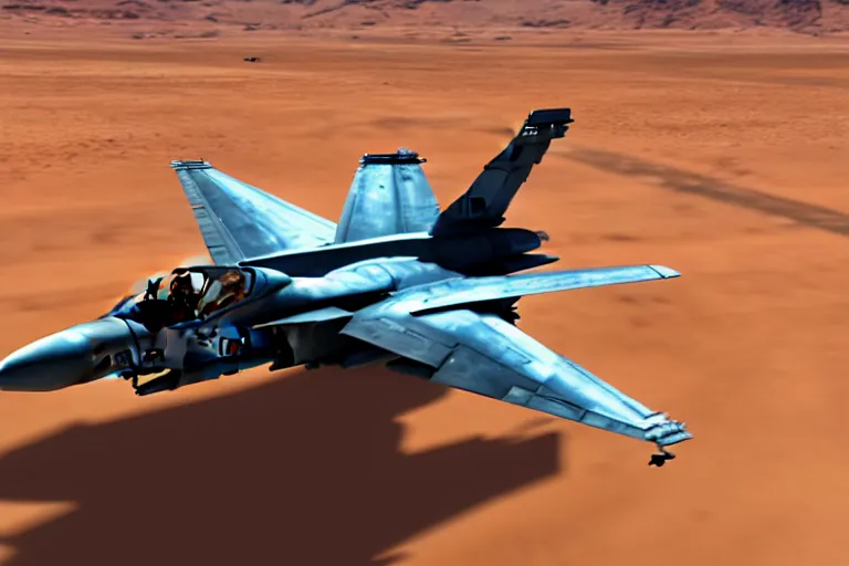 Image similar to a gritty hyperdetailed photorealistic f - 1 8 hornet ground attack aircraft shooting a missile at a small group of vehicles in the desert, volumemetric lighting, cinematic framing, cinematatic lighting, cinematic shadows, in the style of top gun maverick