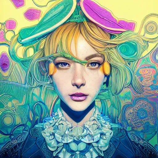 Image similar to the portrait of a ridiculously beautiful and pretty woman partially made of onion rings of all colors looking up, an ultrafine detailed illustration by james jean, final fantasy, intricate linework, bright colors, behance contest winner, vanitas, angular, altermodern, unreal engine 5 highly rendered, global illumination, radiant light, detailed and intricate environment