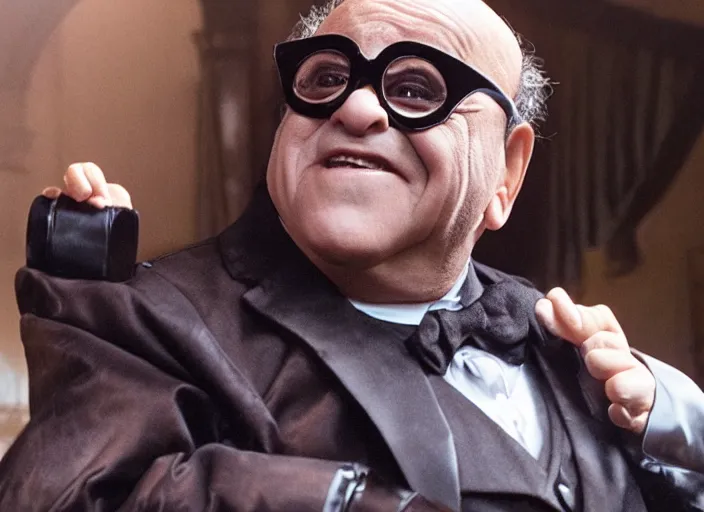 Image similar to film still of Danny Devito as Mr Mistoffelees!!! in Cats, 4k