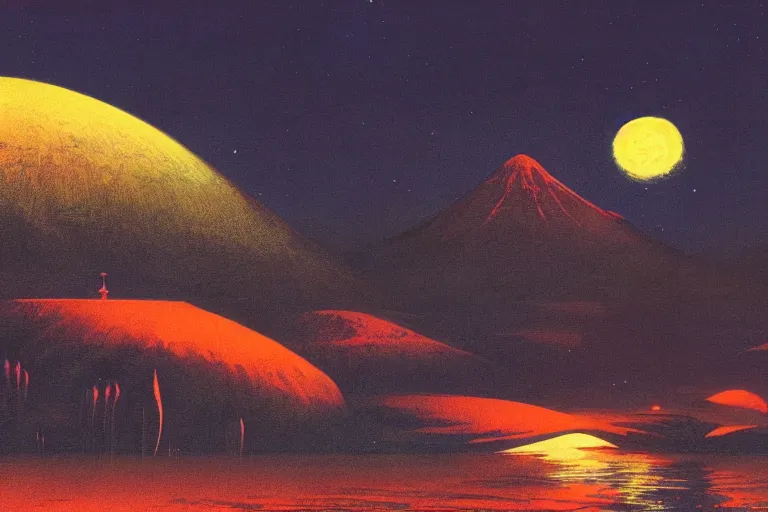 Image similar to awe inspiring bruce pennington landscape, digital art painting of 1 9 6 0 s, japan at night, 4 k, matte