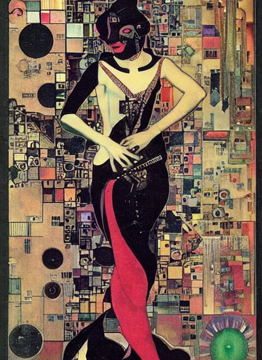 Prompt: cute punk goth fashion fractal alien martian girl wearing kimono made of circuits and leds, surreal Dada collage by Man Ray Kurt Schwitters Hannah Höch Alphonse Mucha