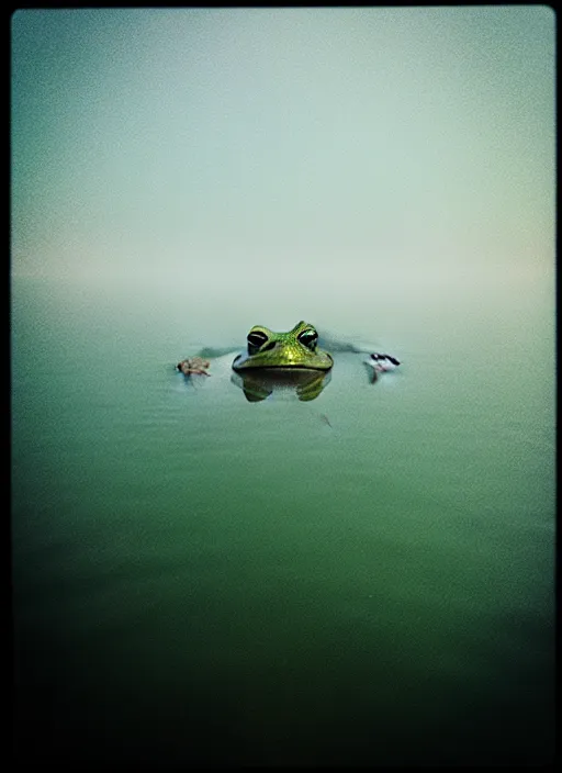 Image similar to “smiling frog vertically hovering over misty lake waters in jesus christ pose, low angle, long cinematic shot by Andrei Tarkovsky, paranormal, eerie, mystical”