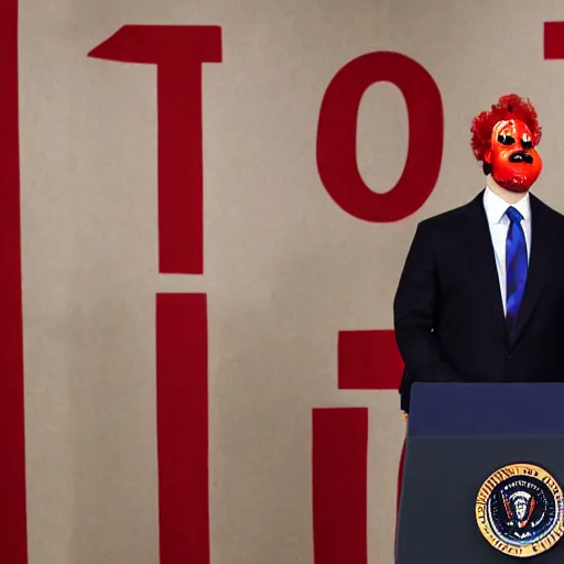 Prompt: president with clown makeup in a podium as the marionette of a human shadow
