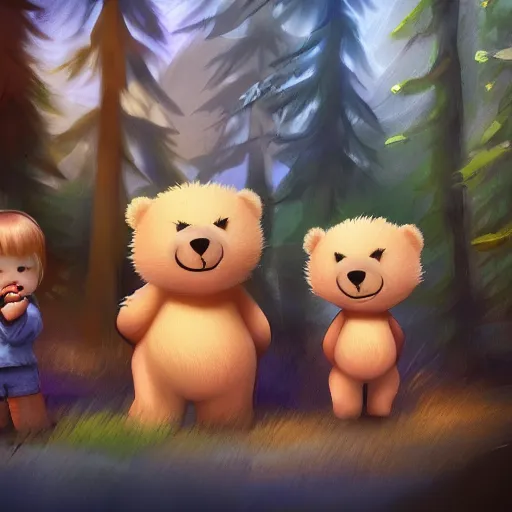 Prompt: a blond child and three bears outside the bears house in the forest, artstation, concept art, smooth, sharp focus, illustration,