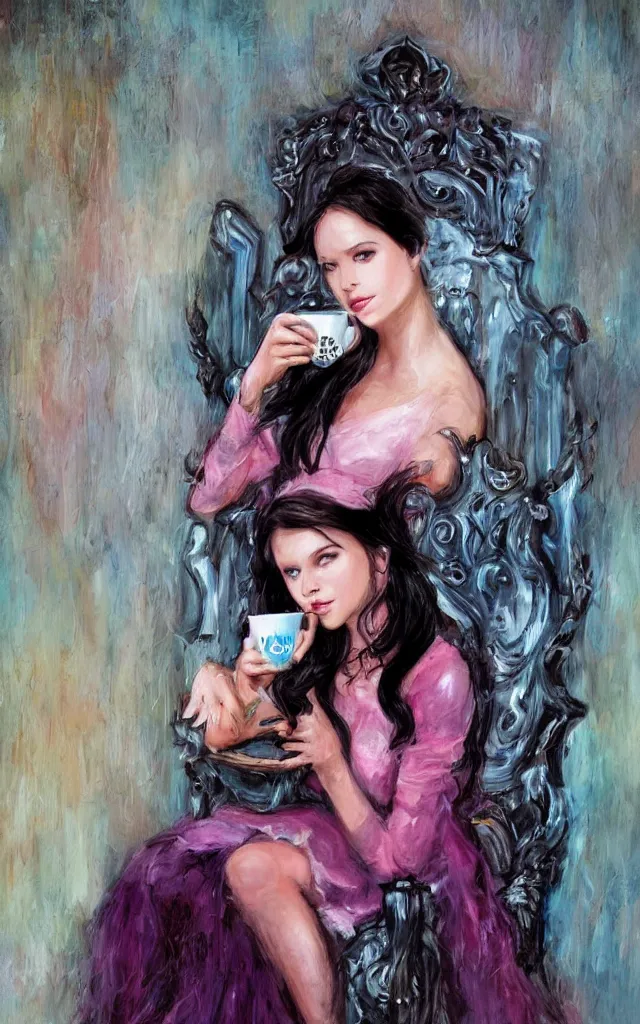 Image similar to beautiful young dark haired girl, with blue eyes, pink lips, dark eye shadow, lois royo style, dark princess of coffee, sitting on a throne drinking coffee.