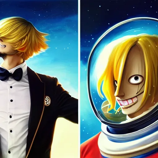 Image similar to sanji in a astronaut suit and sanji, black tuxedo, intricate, sanji, highly detailed, digital painting, artstation, concept art, smooth, sharp focus, illustration, sanji, unreal engine 5, 8 k, art by artgerm and greg rutkowski and alphonse mucha