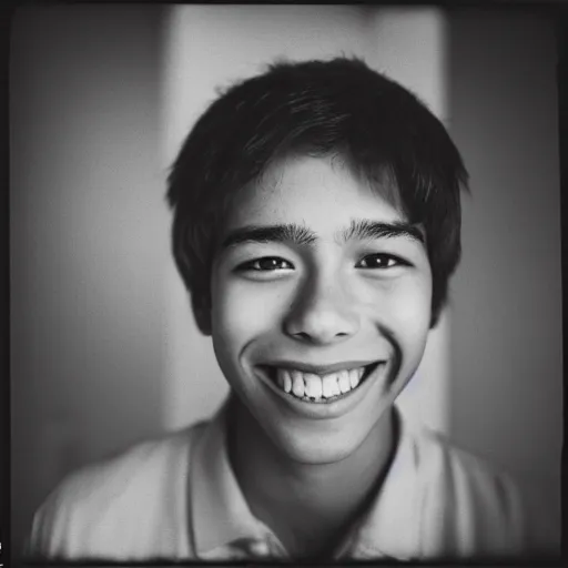 Prompt: a photo of a teenage boy smiling with his eyes hanging out from his eye sockets, nikon f 1 0 0 photography
