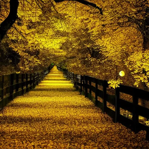 Prompt: Autumn night, Full moon,path surrounded by trees with yellow leafs, beautiful