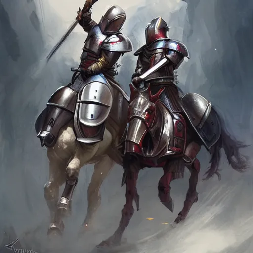 Prompt: two mounted knights tilting against each other in a jousting tournament, art by artgerm and greg rutkowski and magali villeneuve, d & d, fantasy, highly detailed, digital painting, trending on artstation, concept art, illustration