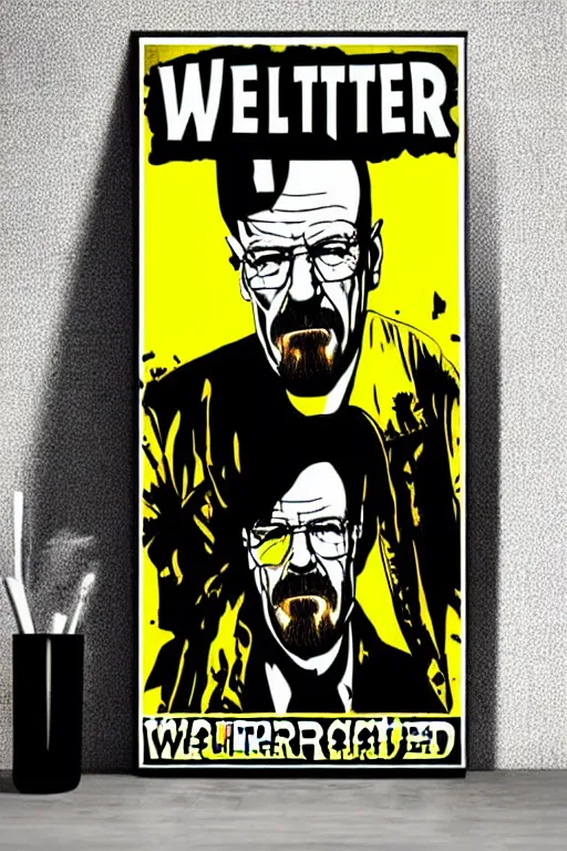 Prompt: poster of walter white, in the style of megadeth's album covers