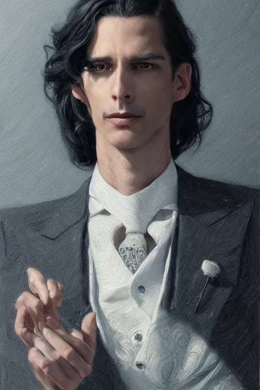 Image similar to skinny male magician, long dark hair, 1 9 2 0 s, elegant, highly detailed, intricate, smooth, sharp focus, artstation, digital paining, concept art, art by donato giancola, greg rutkowski, cedric peyravernay, valentina remenar