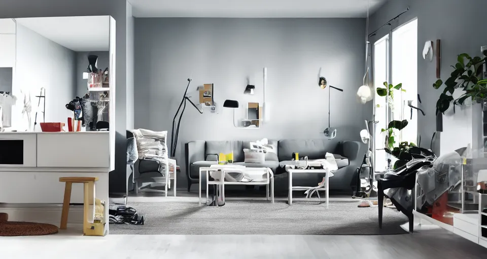 Image similar to IKEA catalogue photo of a living room, robots are tearing it apart, fire, flood, mirrors,