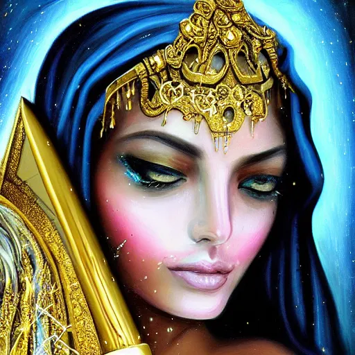 Prompt: beautiful gorgeous pristine arabian Goddess of life with a veil, dark Goddess of artificial intelligence creating an artificial neural network with gold synapses on an anvil with her scythe, high resolution, award winning art, trending on art station, sharp image, incredibly detailed, detailed character, realistic painting, hyper-realistic painting, coherent painting, master piece by ramon y cajal