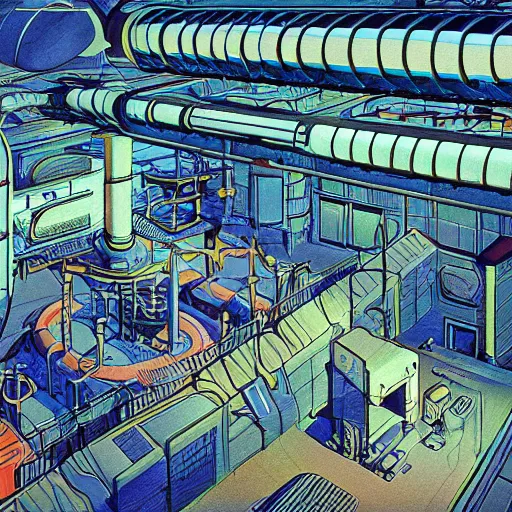 Image similar to a scifi illustration, factory interior. seen from above in FANTASTIC PLANET La planète sauvage animation by René Laloux