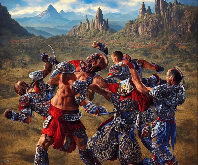 Image similar to wide angle shot from above of silver ornate armor slim muay thai handsome warriors in battle!!! mountains and giant gothic abbeys in the background, hyperrealism, fine detail, 8 k, high contrast color scheme, blue at the background red at the foreground!!!, dynamic perspective, oil canvas by mandy jurgens and michael whelan