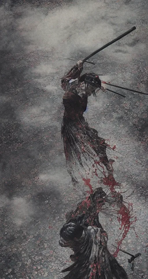 Image similar to Japanese schoolgirl runs away from Samurai with a katana on the subway, high detailed Beksinski painting, part by Adrian Ghenie and Gerhard Richter. art by Takato Yamamoto. masterpiece, deep colours, blue